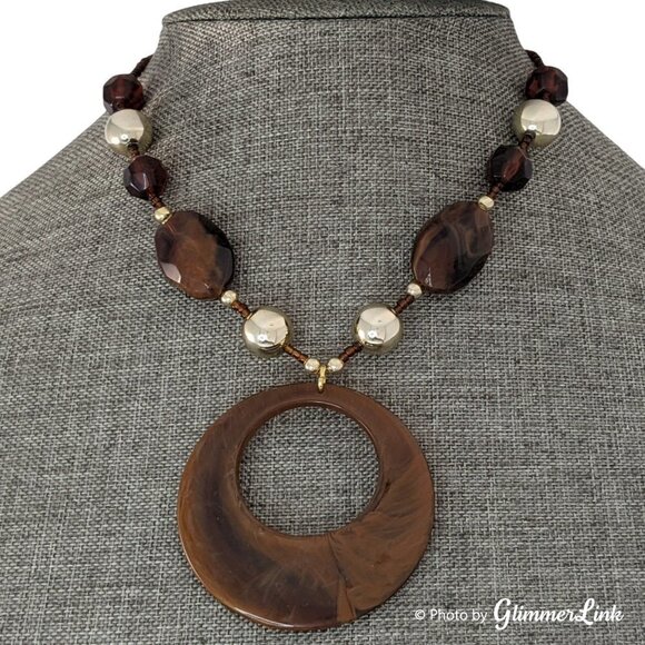 Boho Brown & Gold Tone Beaded Donut Pendant Necklace - Picture 1 of 7